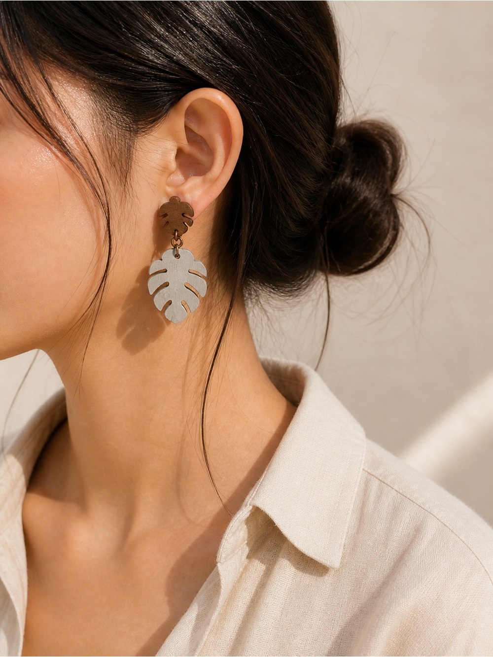 Hand Crafted Two-Tone Monstera Leaf Drop Earrings in Brown and Light Gray